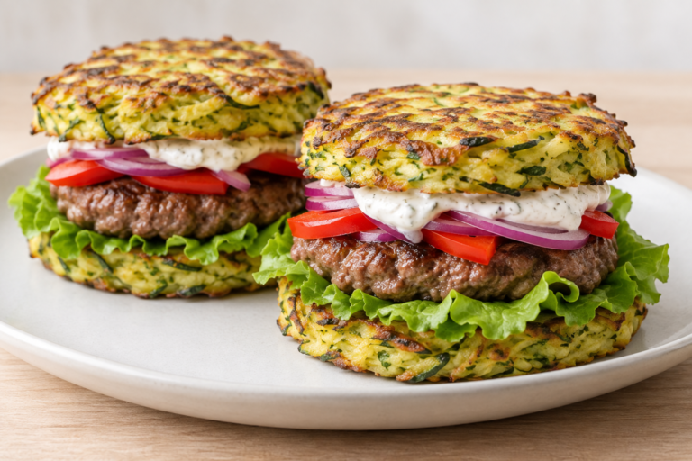 Burger z cukiniowych placuszków z wołowiną, sałatą i sosem jogurtowo-czosnkowym