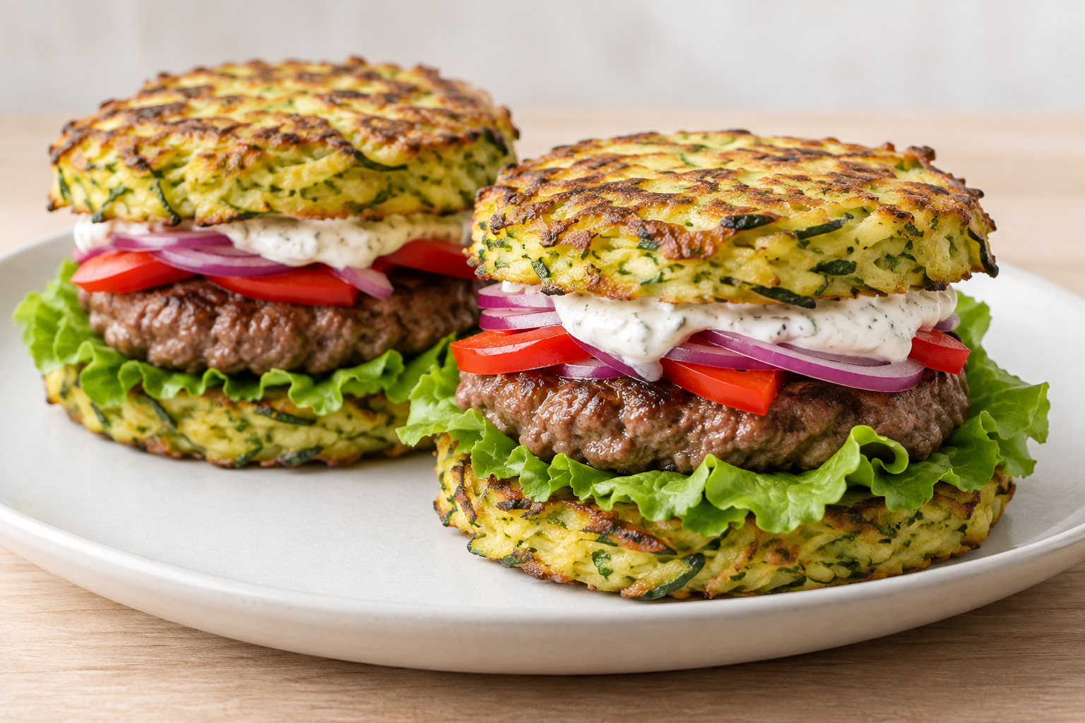 Burger z cukiniowych placuszków z wołowiną, sałatą i sosem jogurtowo-czosnkowym
