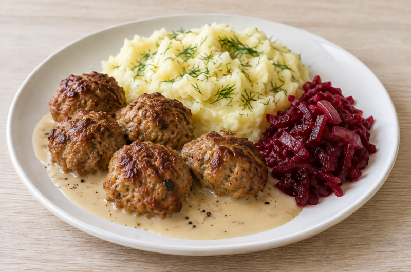 Klopsiki z airfryera z purée koperkowym, sosem i buraczkami na talerzu