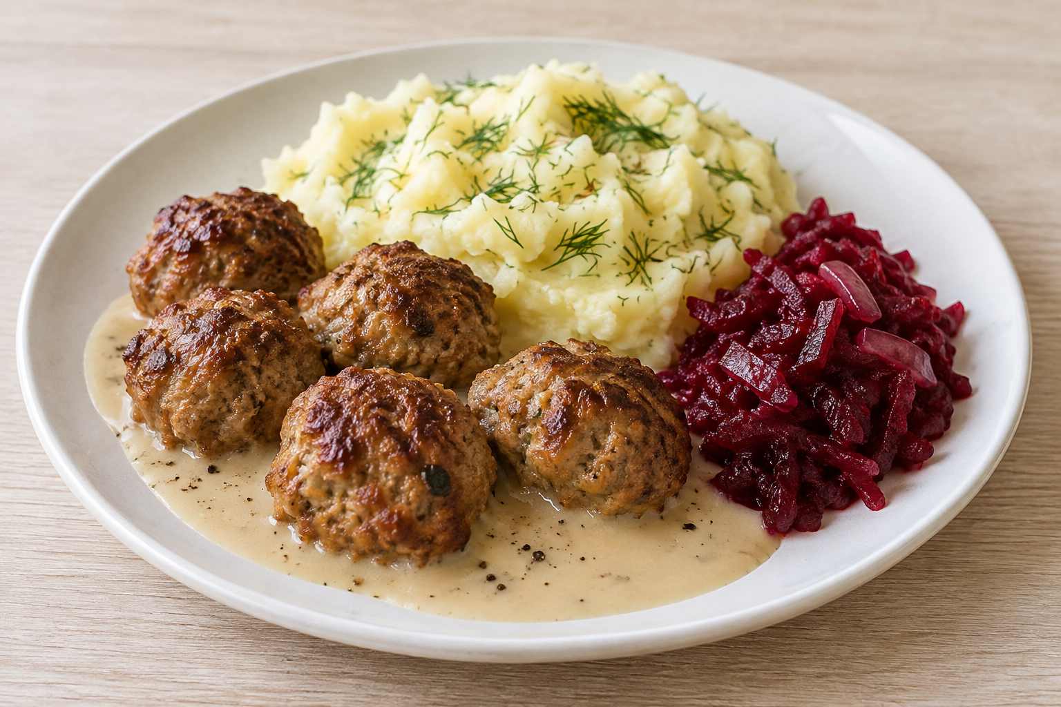 Klopsiki z airfryera z purée koperkowym, sosem i buraczkami na talerzu