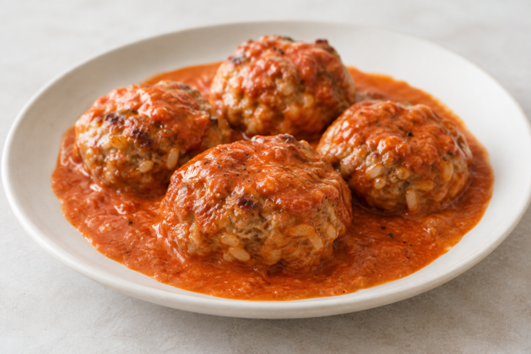 Kotleciki ryżowo mięsne w sosie pomidorowym podane na talerzu