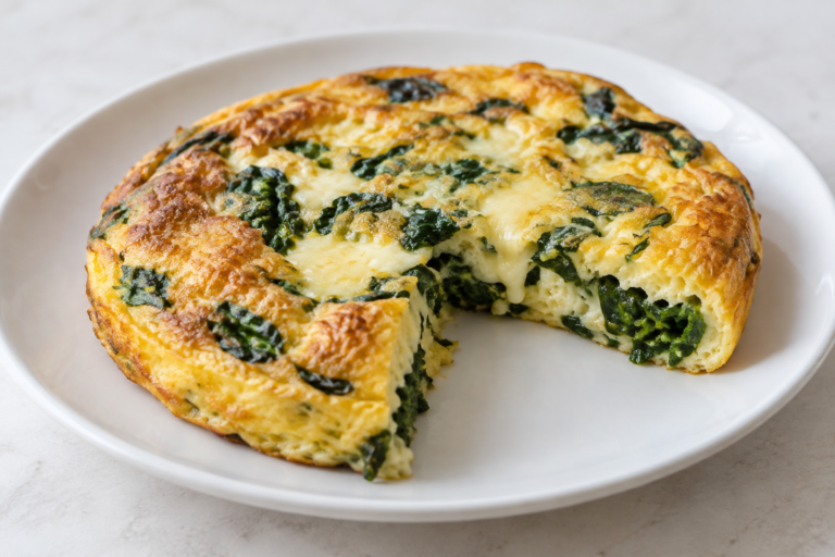 Omlet ze szpinakiem i mozzarellą w Air Fryerze 5 Omlet ze szpinakiem i mozzarellą na talerzu, z lekko roztopionym serem i widocznym nadzieniem