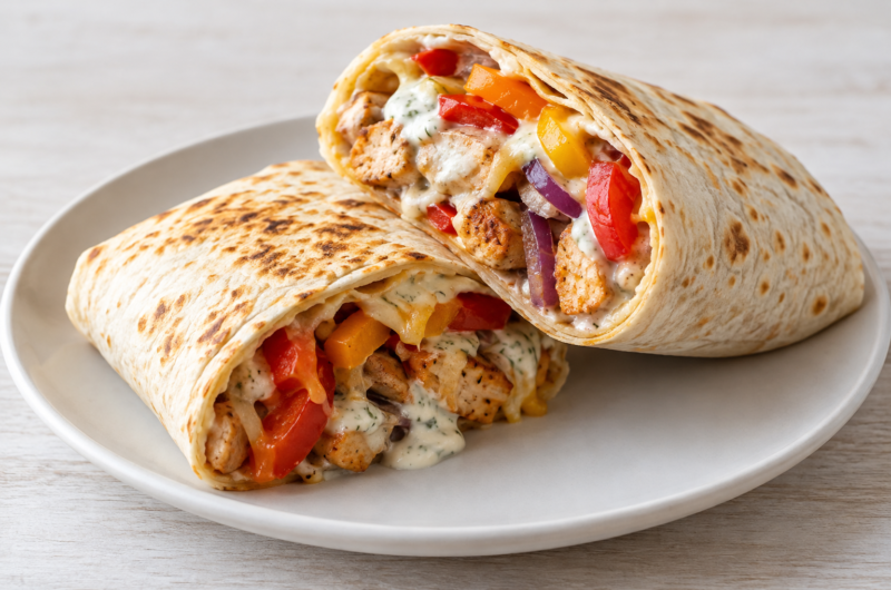 Tortilla z kurczakiem, papryką i sosem czosnkowym podana na talerzu