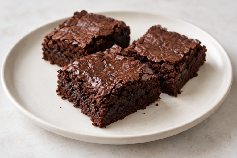 Wegańskie brownie z aquafabą z Air Fryera 9 Kawałki czekoladowego wegańskiego brownie na jasnym talerzu